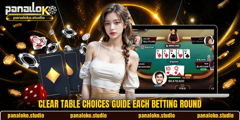 Clear table choices guide each betting round